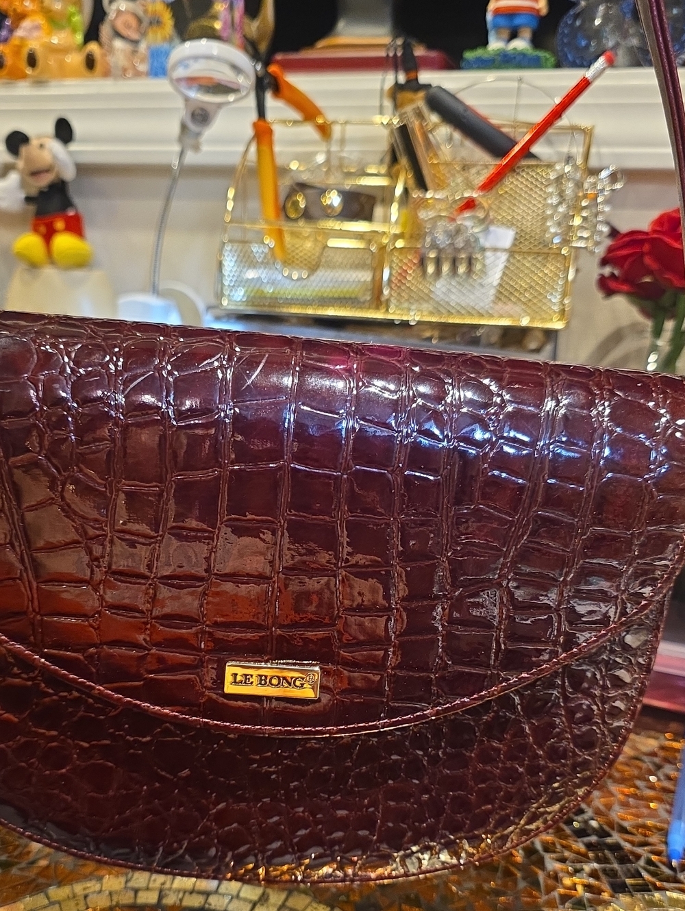 Burgundy Croc-Embossed Wristlet Clutch